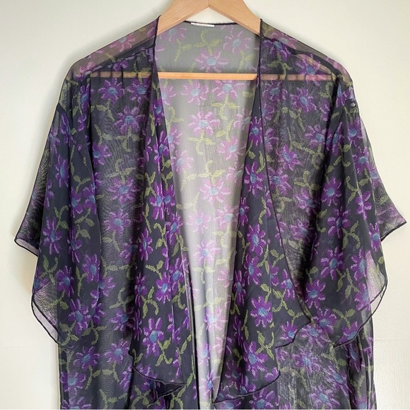 NWOT LuLaRoe ‘Monroe’ Sheer Kimono w/ Fringe, Black w/ Purple Flowers Size L - Picture 2 of 12